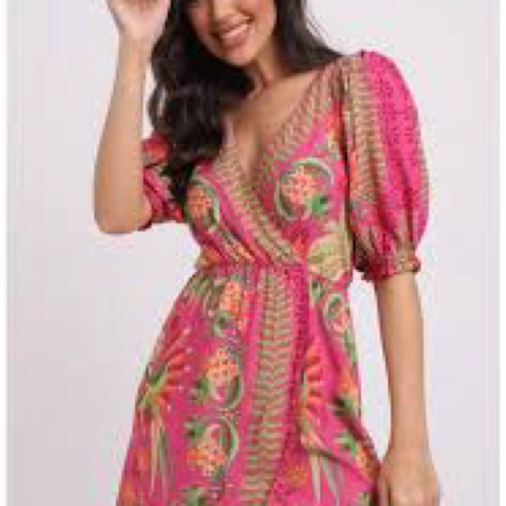 FARM Rio Pink and Green Patterned Mini Dress